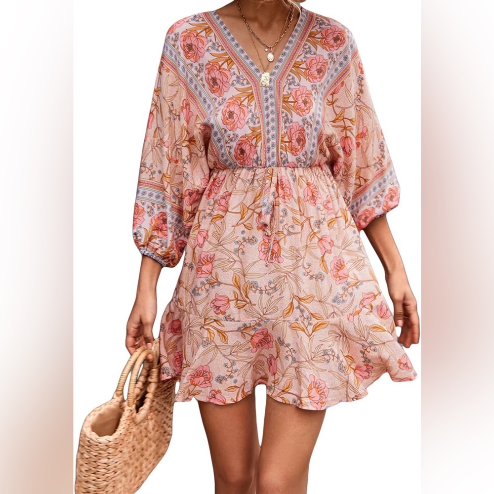 Boho Floral Print Peasant Midi Dress